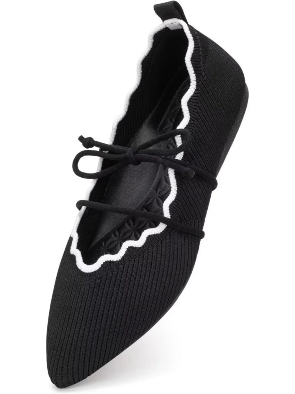 Women's Black Rubber Knitted Slip On Pointed Toe with Ruffled Vamp Elastic Flats